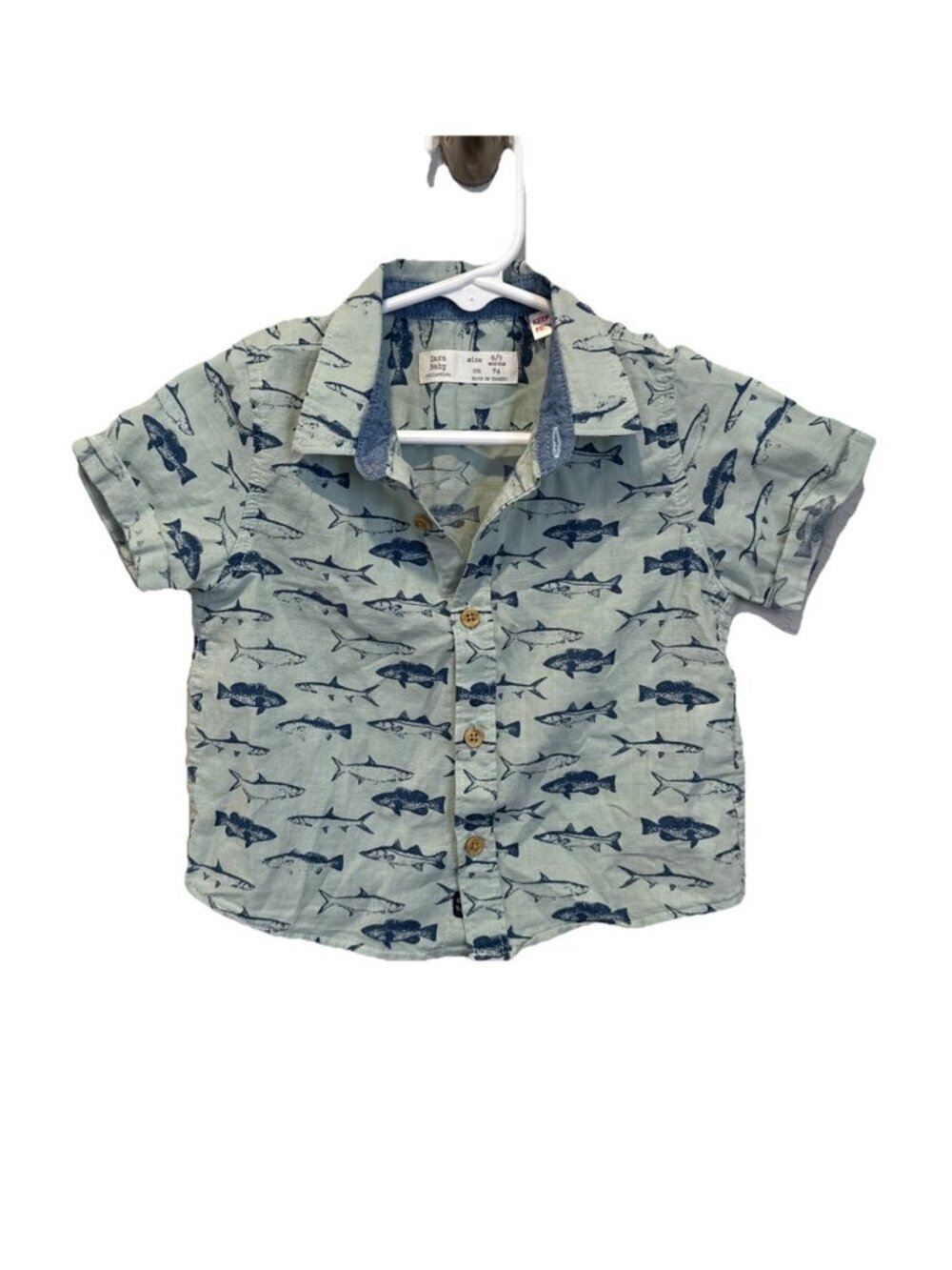 Zara Baby Short Sleeve Button Down Shirt Boys Size 6-9 months Green Fish Shark